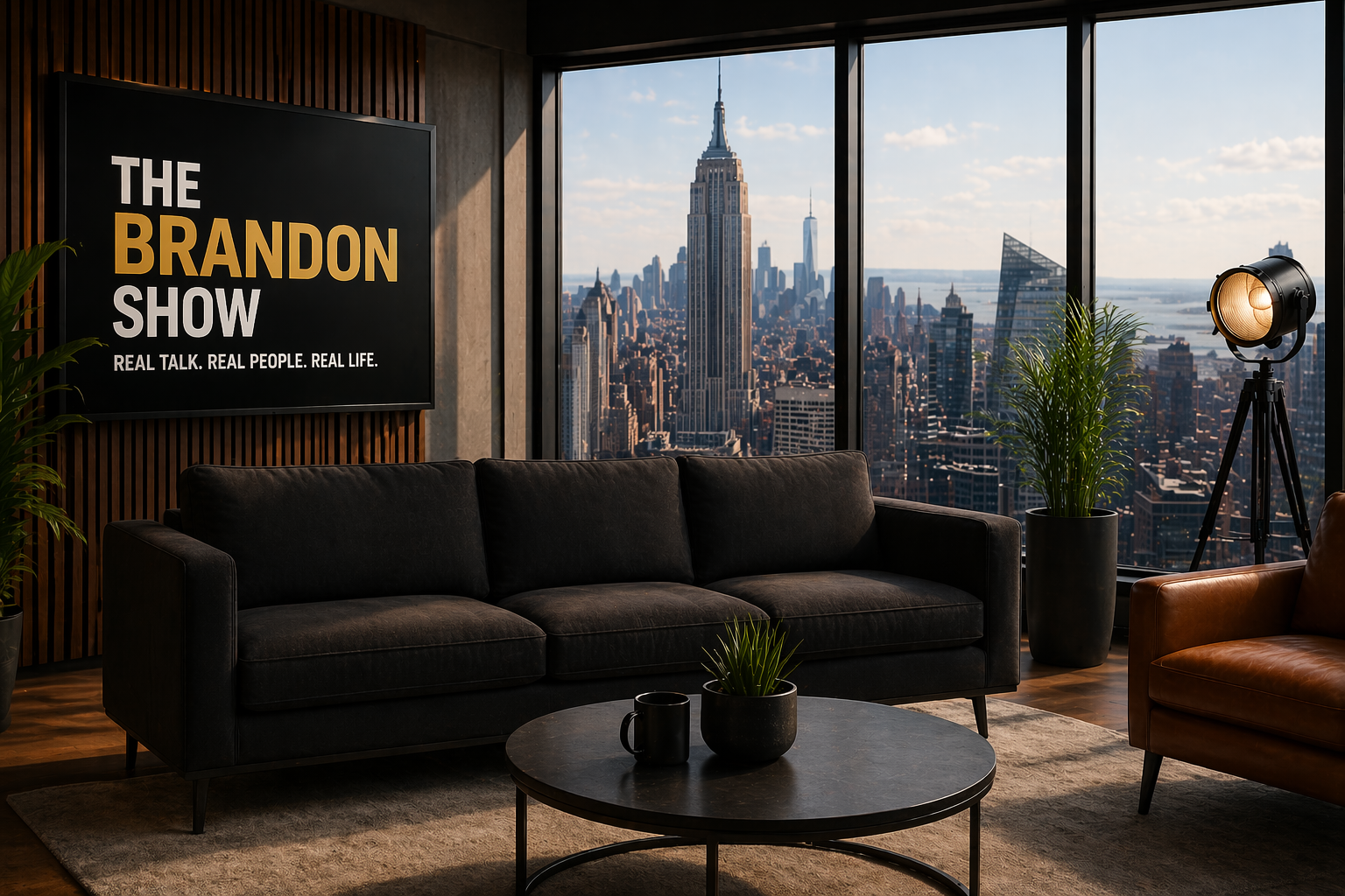 Picture of office with New York City showing in window
